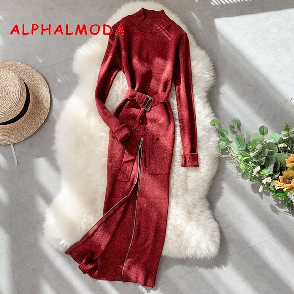 

alphalmoda 2019 autumn ladies vintage knitting dress stand collar long-sleeved zipper slit sashes buckle ladies sparkling dress, Black;pink