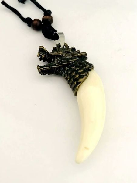 

12 pcs art vintage style biker beads tooth amulet dragon necklace wax cord, Silver