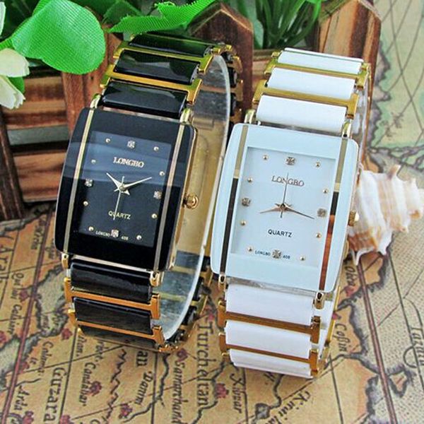 

2016 new diamonds elegant men ladies wristwatches analog quartz ceramic steel square longbo watch couple lover luxury gift watch, Slivery;brown