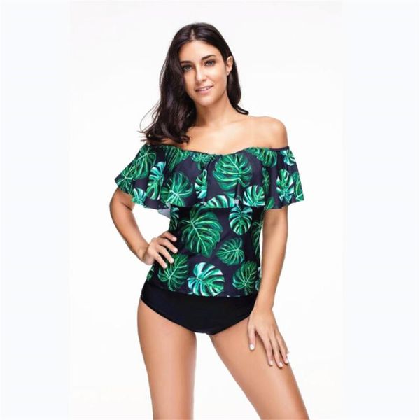 

ruffle off shoulder two piece swimsuit 2018 plus size tankini sets swim suit vintage beach wear bathing suits female monokini, White;black