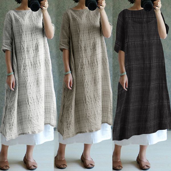 

party dresses zanzea 2021 women vintage plaid linen summer dress oversized clothes ladies casual loose sundress vestidos s-5xl, White;black