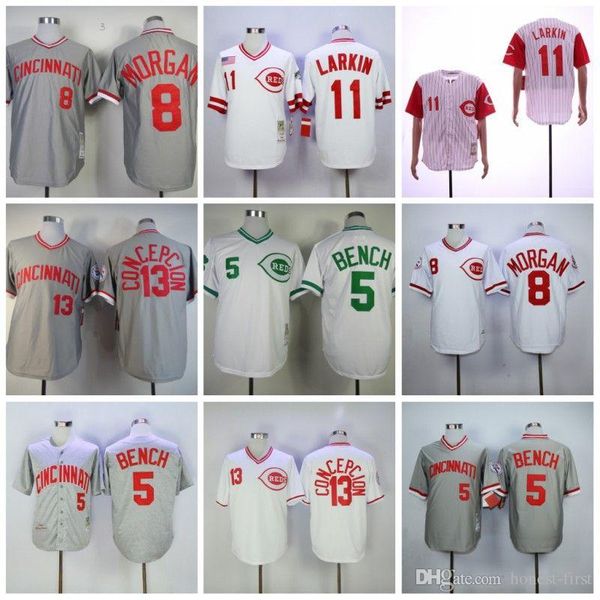 

Cheap news Cincinnati 5# BENCH 8# MORGAN 11 LARKIN 13# CONCEPCION White Green Grey Retro Baseball News Shirt Stitched