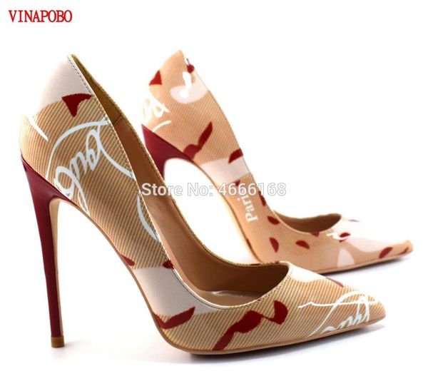 

12cm high heel woman pumps colorful graffiti print pointed toe stilettos heel pumps party nude woman shoes large size 43, Black