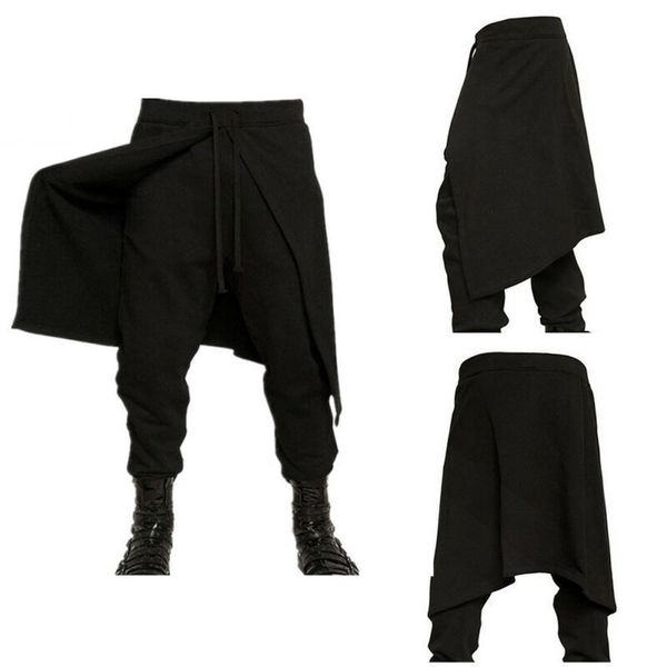 

men casual drawstring pants low rise elastic waist solid drape hip hop trousers, Black
