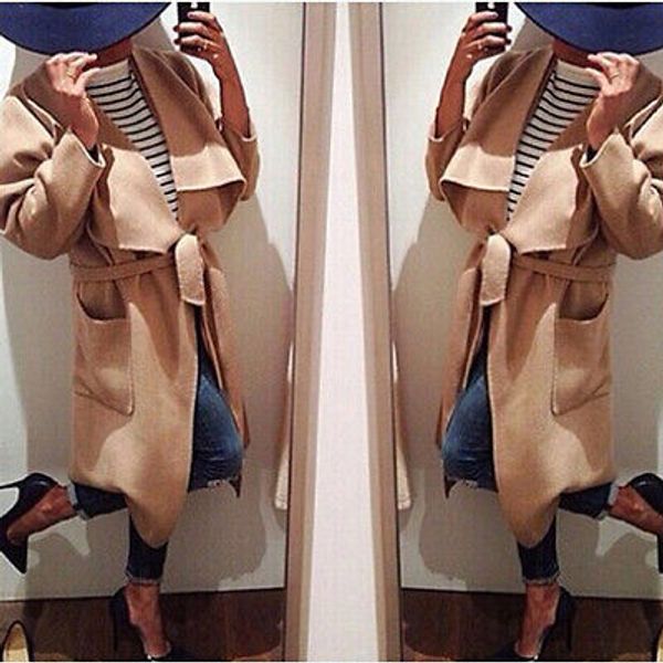 

2018 winter coat women wide lapel belt pocket wool blend coat oversize long red trench outwear wool women, Black