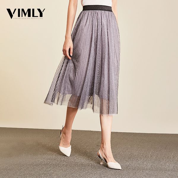 

vimly women mesh midi skirts office ladies elastic waist elegant black pink skirt korean tutu skirt, Black;gray