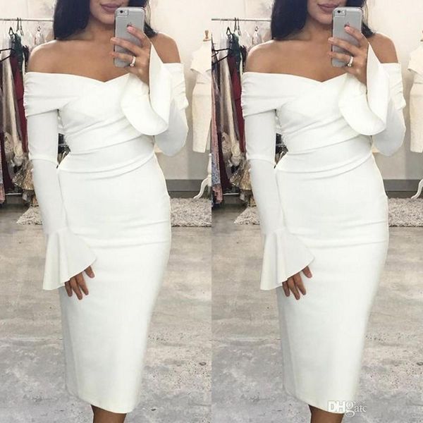 

off the shoulder short prom dresses long sleeve tea length white cocktail party dresses robes de soirÃ©e, Black