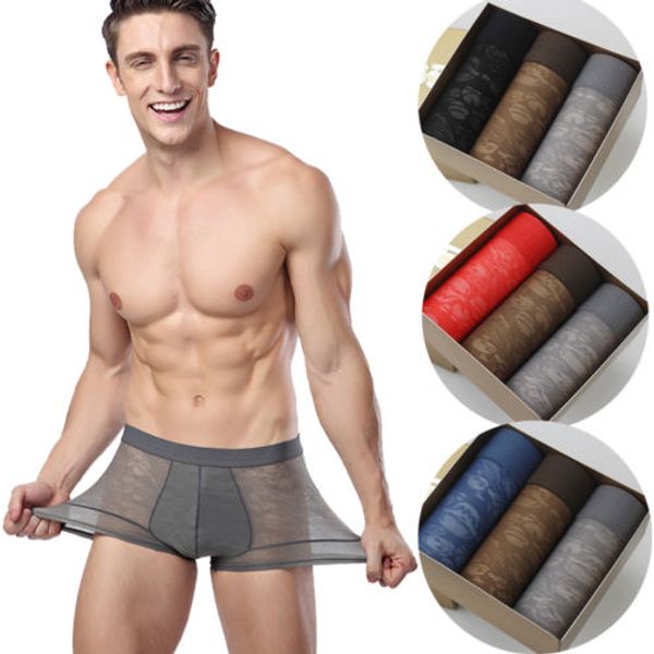 

3pcs breathable men underwear male boxers shorts bulge pouch underpants floral men boxers mesh underwear