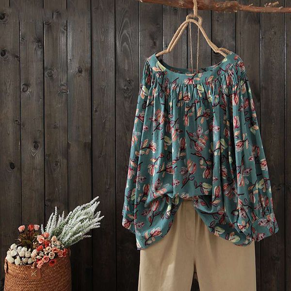 

women blouses shirt summer autumn 2020 bohemian o neck long sleeve retro floral print tunic loose plus size s-5xl, White