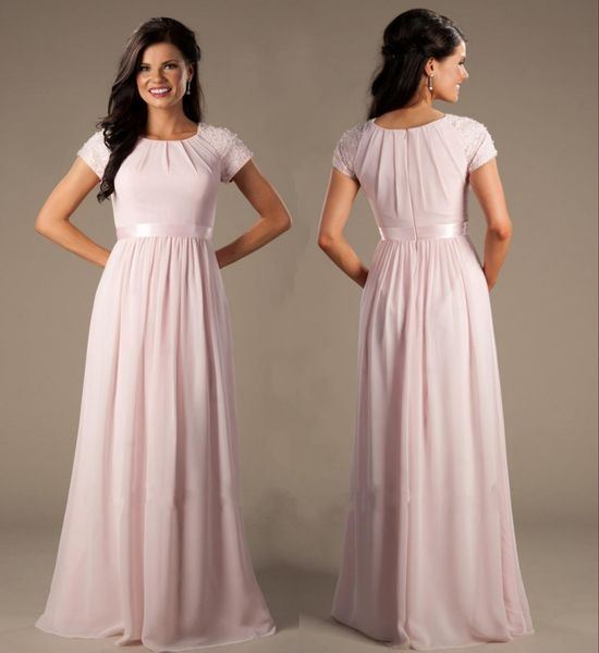 

custom made beaded pink chiffon modest bridesmaid dresses with cap sleeves elegant evening wedding party dresses a-line floor length, White;pink
