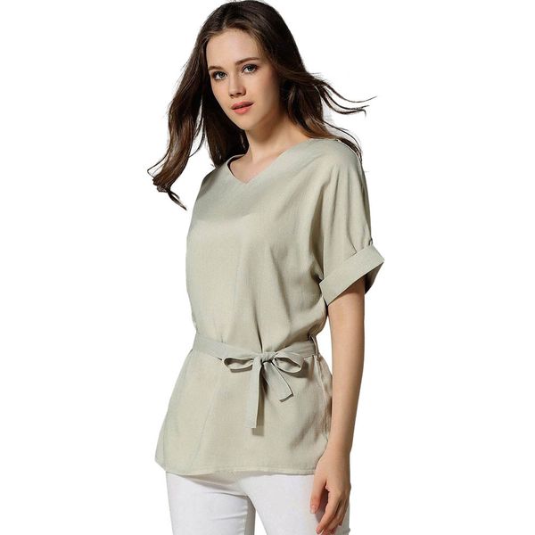 

women v neckline self tie short sleeve blouse shirt women short sleeve solid color shirt feminina summer casual blouse, White