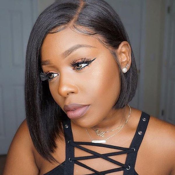 

13x6 lace front human hair wig with baby hair straight short bob glueless brazilian for black women remy natural hairline, Black;brown