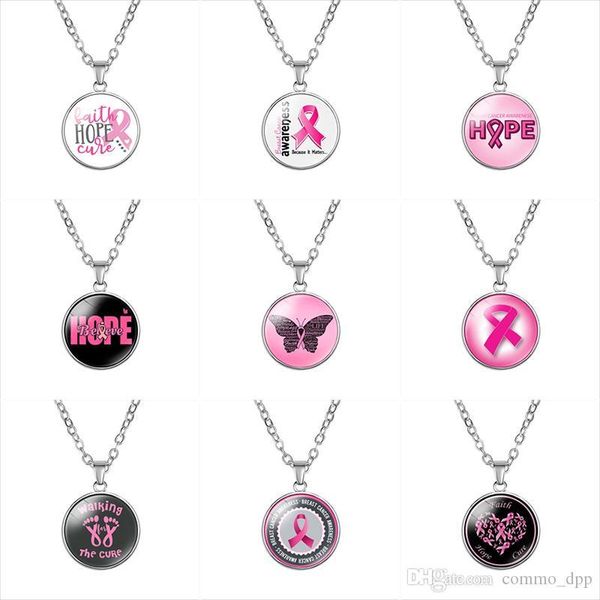 

12 styles breast cancer awareness necklaces for women pink ribbon glass pendant faith hope cure believe fashion jewelry gift, Silver