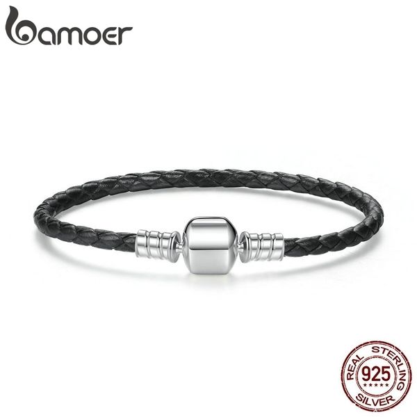 

bamoer popular 925 sterling silver genuine leather bracelets with snake chain diy bracelet fine jewelry pas911, Golden;silver