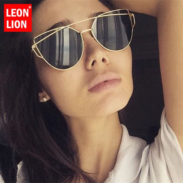 

leonlion 2020 mirror cat eye sunglasses women vintage metal reflective glasses for women brand designer gafas de sol mujer, White;black