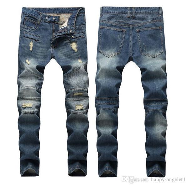 

2018 новый человек джинсы синие классические коленей отверстия хлопка джинсовые брюки моды брюки прохладно jenas мужчин, Blue