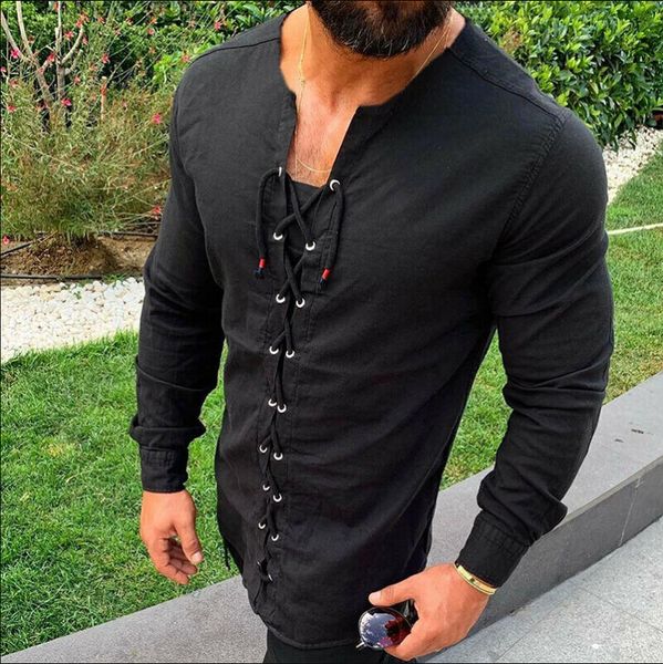 

mens cotton linen long sleeve shirt muscle slim casual v neck shirts blouse, White;black