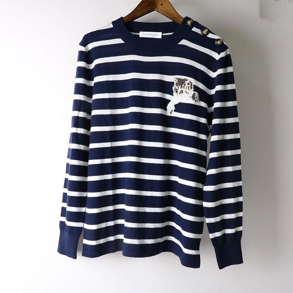 

1125 2020 осень женщины свитер обычная длинный рукав круглый вырез панелями бренд свитер вышивка женская одежда полосатый renjie, White;black