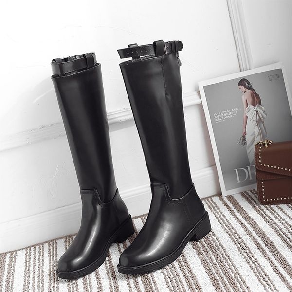 

fashion designer quality leather knee high long boots women riding booties belt strap flat low heel female punk boots n006, Black