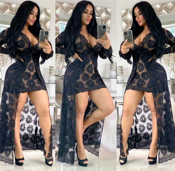 

spring womens designer casual dresses deep v neck long sleeve solid color lace irregular dress women clothing, Black;gray