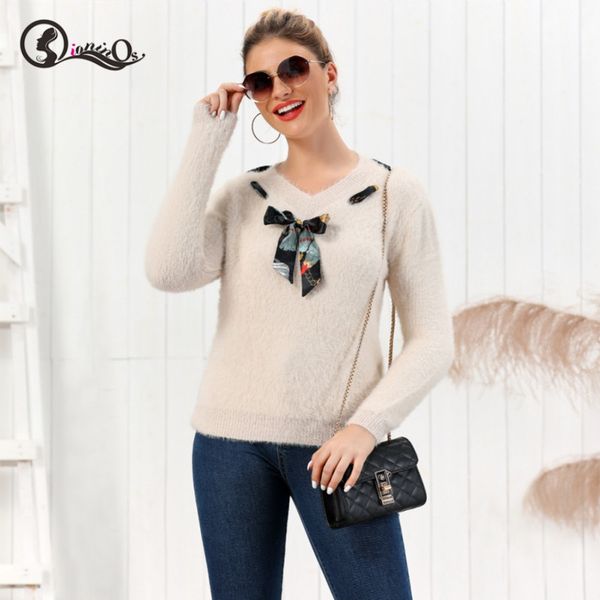 

women 2019 sweater autumn fashion knitted v-neck sweater bow lace-up slim bottoming jumper pullovers, White;black