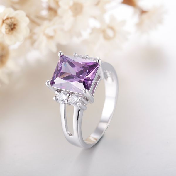 Fashion- feminino amor anel jóias grande roxo prata exquisitemicro quadrado cristal amantes requintados acessórios de mão fábrica venda direta