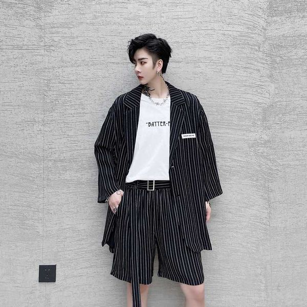 

men summer 2 pieces stripe suits sets suit+shorts male streetwear hip hop vintage fashion thin suit blazers coat, White;black
