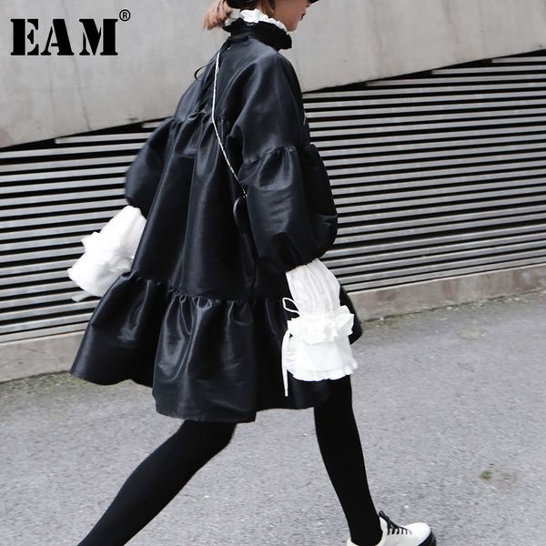 

eam] 2020 new spring summer stand collar long puff sleeve black loose hem ruffels stitch loose dress women fashion tide jk852, Black;gray