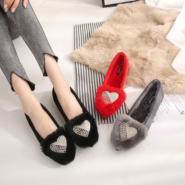 

shoes woman flats autumn women loafers fur casual female sneakers pointed toe dress fall new winter big size wedding boat, Black