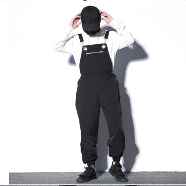 

men casual zipper bib pant streetwear harem pants overalls male women hip hop jumpsuits trousers, Black