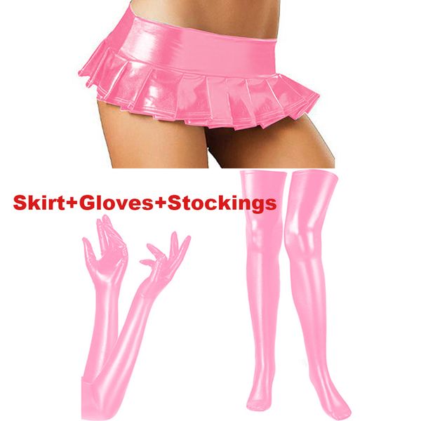 Plus Size 3-teiliges Set für Damen, plissierter Minirock mit oberschenkelhohen Strümpfen und langen Handschuhen, glänzendes Metallic-Cosplay-Nachtclub-Kostüm