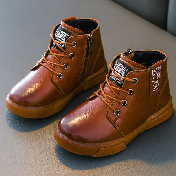 

martin boots for boys; 2019 new winter plus velvet leather cotton shoes; boys boots; baby boots; children' leather shoes, Black;grey