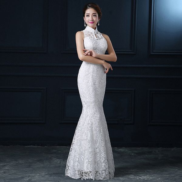 

white lace cheongsam modern chinese traditional wedding dress women oriental collars long qi pao evening mermaid gown, Red