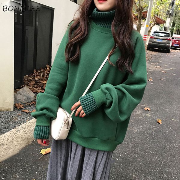 

hoodies women thicker plus velvet warm solid turtleneck womens hoodie korean style kawaii trendy elegant all-match leisure chic, Black