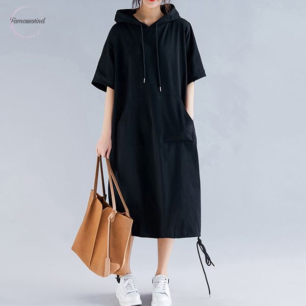 

plus size women dress summer cotton big vestidos female clothing casual loose hooded size long dress solid 5xl 6xl, Black;gray