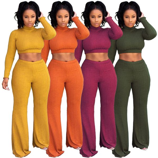 

women's two piece pants european and american hole striped cloth wide-leg high neck sweater two-piece suit, White