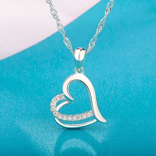 

sterling silver clavicle necklace heart to heart girlfriend gift pendant women jewelry zircon diamond pendant 925 with box, Blue;slivery