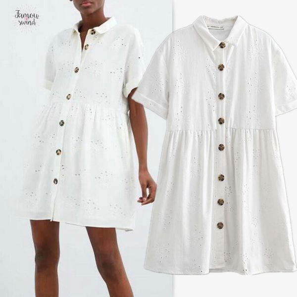 

2019 dress summer short sleeve white embroidered single breasted vintage hollow out t shirt mini dress vestidos, Black;gray