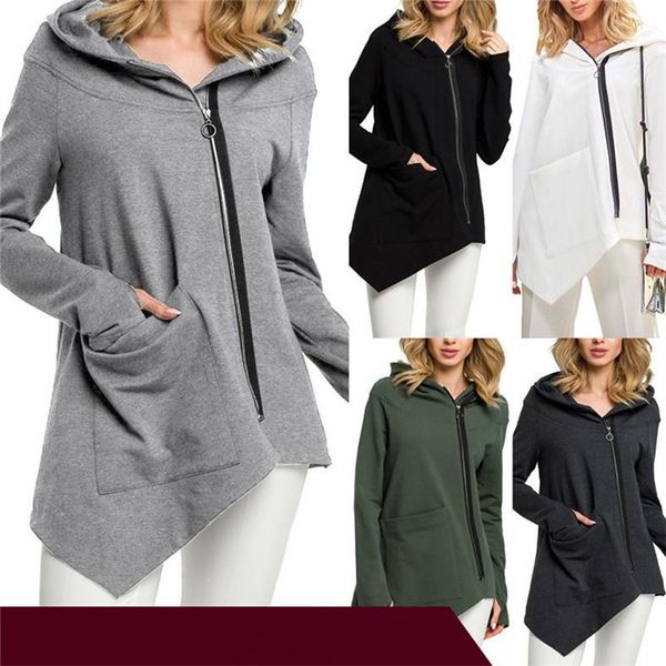 

autumn women jacket long sleeve hooded coat sweatshirt irregular zipper jackets soft windbreaker pocket warm coats long sleeve hoodies, Blue;gray