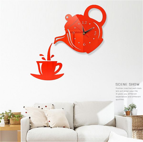 

new 3d acrylic wall clock sticker coffee teapot cup creative diy mirror wall clock modern design for living room decoration@3