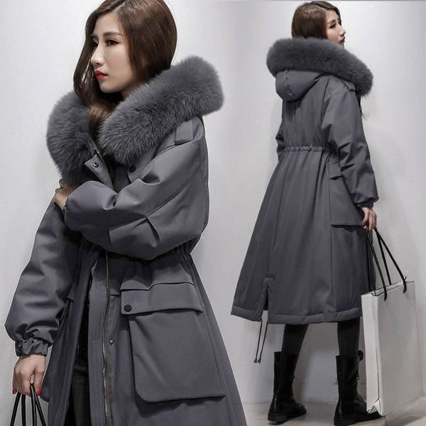 

2019 new winter women white duck down jacket lady large real fur collar hooded thick warm coat female casual down parks c131, Black