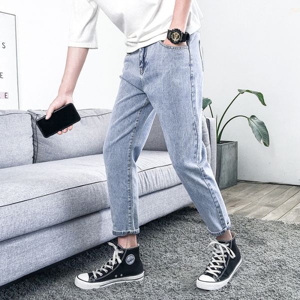 

2019 new men jeans hallen denim trousers fashion men's jeans casual overalls ninth pants for male, Blue