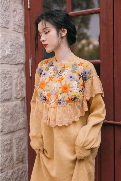 

2020 a line hook flower fashion casual knit women dress female spring autumn long yellow lace vintage sweater dress elegant vestidos, Black;gray