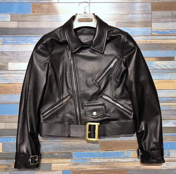 

womens black leather jacket genuine lambskin garment belted coat short custom red ladies casual 100% motorcycle leather jackets
