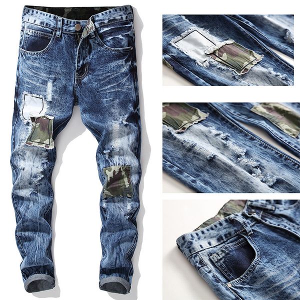 

mens designer hole patch jeans stretch long pants, Blue