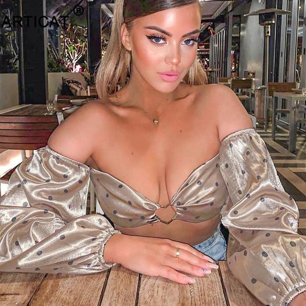 

полька dot с плеча crop top женщины tshirts урожай с длинным рукавом без бретелек короткие футболки повседневная рубашка партия рождество, White