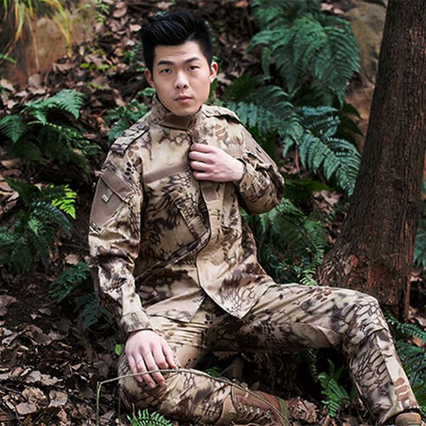 

outdoor jungle bionic camouflage uniform training combat tactical shirt + pants multifunction hunting cs trousers, Gray;blue