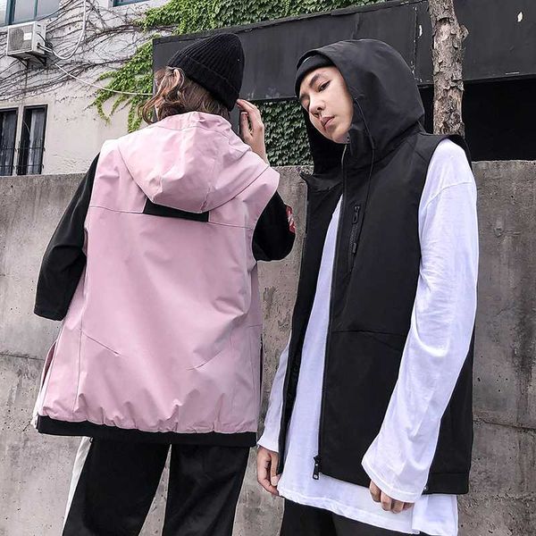 

2019 autumn and winter new couple hooded sleeveless shirtless jacket coat fashion casual solid color vest black / grey / pink, Black;brown