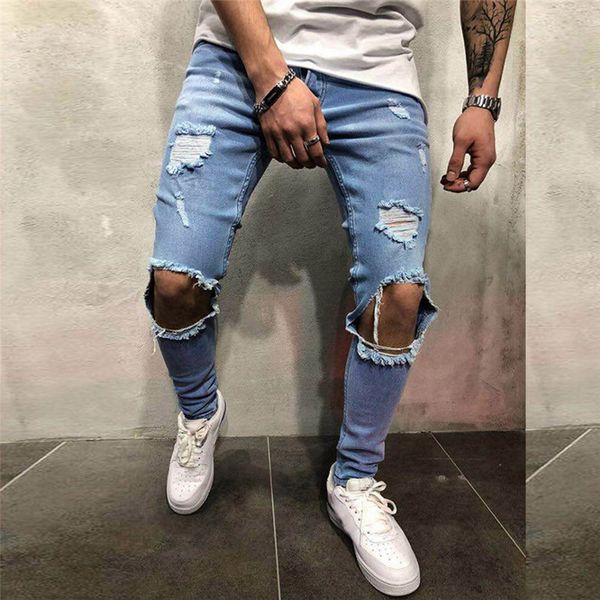 

jeans men skinny stretch denim pants new brand cool designer brand distressed ripped jeans for men slim fit trousers e21, Blue