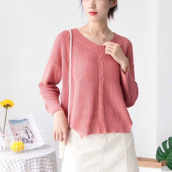 

women loose autumn and winter sweaters long sleeve pullover 2019 casual solid fashion v-neck knit sweaters women clothing, White;black